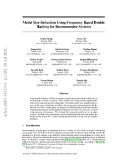 Model Size Reduction Using Frequency Based Double Hashing for
  Recommender Systems