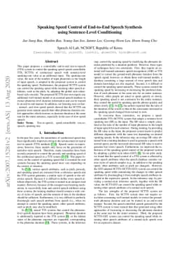 Speaking Speed Control of End-to-End Speech Synthesis using
  Sentence-Level Conditioning