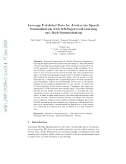 Leverage Unlabeled Data for Abstractive Speech Summarization with
  Self-Supervised Learning and Back-Summarization
