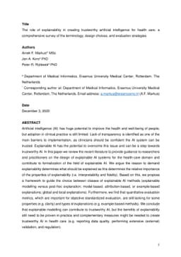 The role of explainability in creating trustworthy artificial
  intelligence for health care: a comprehensive survey of the terminology,
  design choices, and evaluation strategies