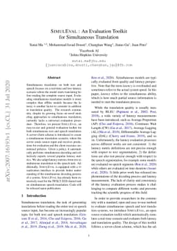 SimulEval: An Evaluation Toolkit for Simultaneous Translation