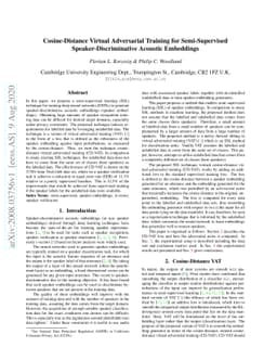 Cosine-Distance Virtual Adversarial Training for Semi-Supervised
  Speaker-Discriminative Acoustic Embeddings