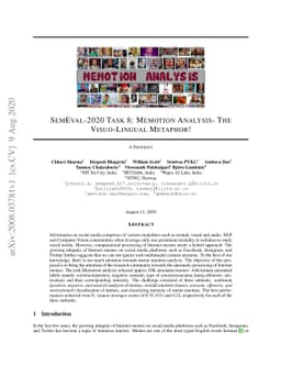 SemEval-2020 Task 8: Memotion Analysis -- The Visuo-Lingual Metaphor!