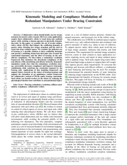Kinematic Modeling and Compliance Modulation of Redundant Manipulators
  Under Bracing Constraints