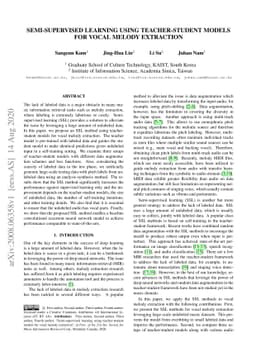 Semi-supervised learning using teacher-student models for vocal melody
  extraction