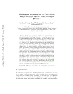 Multi-organ Segmentation via Co-training Weight-averaged Models from
  Few-organ Datasets