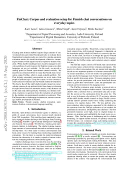 FinChat: Corpus and evaluation setup for Finnish chat conversations on
  everyday topics