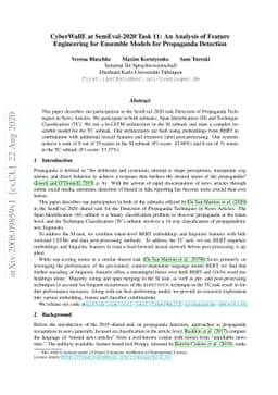 CyberWallE at SemEval-2020 Task 11: An Analysis of Feature Engineering
  for Ensemble Models for Propaganda Detection