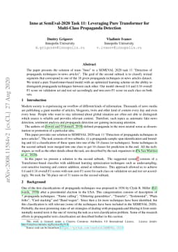 Inno at SemEval-2020 Task 11: Leveraging Pure Transformer for
  Multi-Class Propaganda Detection
