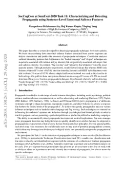 SocCogCom at SemEval-2020 Task 11: Characterizing and Detecting
  Propaganda using Sentence-Level Emotional Salience Features