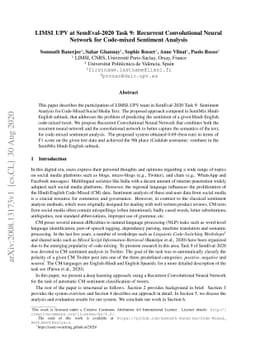 LIMSI_UPV at SemEval-2020 Task 9: Recurrent Convolutional Neural Network
  for Code-mixed Sentiment Analysis