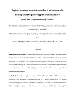 Applying a random projection algorithm to optimize machine learning
  model for predicting peritoneal metastasis in gastric cancer patients using
  CT images