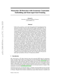 Monocular 3D Detection with Geometric Constraints Embedding and
  Semi-supervised Training