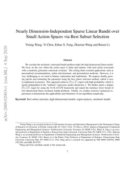 Nearly Dimension-Independent Sparse Linear Bandit over Small Action
  Spaces via Best Subset Selection