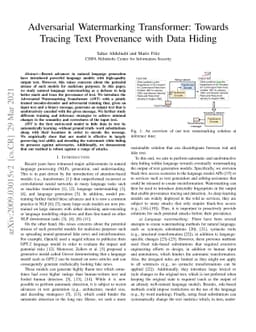 Adversarial Watermarking Transformer: Towards Tracing Text Provenance
  with Data Hiding