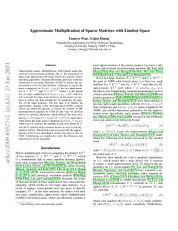 Approximate Multiplication of Sparse Matrices with Limited Space