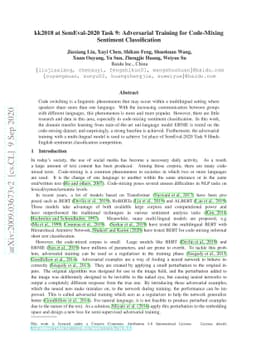 kk2018 at SemEval-2020 Task 9: Adversarial Training for Code-Mixing
  Sentiment Classification