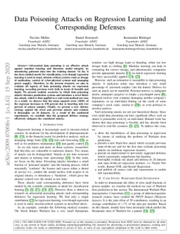 Data Poisoning Attacks on Regression Learning and Corresponding Defenses