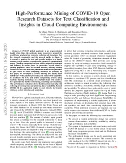 High-Performance Mining of COVID-19 Open Research Datasets for Text
  Classification and Insights in Cloud Computing Environments