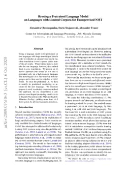 Reusing a Pretrained Language Model on Languages with Limited Corpora
  for Unsupervised NMT