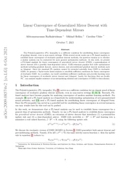 Linear Convergence of Generalized Mirror Descent with Time-Dependent
  Mirrors