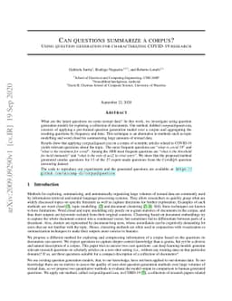 Can questions summarize a corpus? Using question generation for
  characterizing COVID-19 research