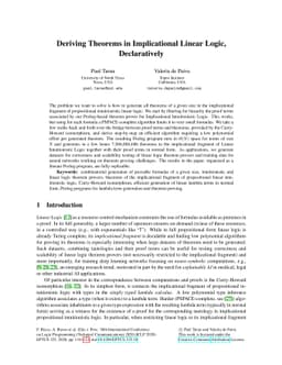 Deriving Theorems in Implicational Linear Logic, Declaratively