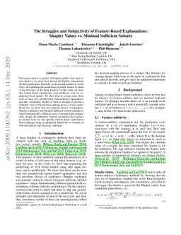 The Struggles of Feature-Based Explanations: Shapley Values vs. Minimal
  Sufficient Subsets
