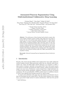 Automated Pancreas Segmentation Using Multi-institutional Collaborative
  Deep Learning