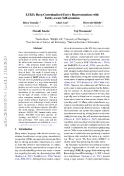 LUKE: Deep Contextualized Entity Representations with Entity-aware
  Self-attention