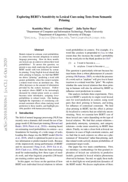 Exploring BERT's Sensitivity to Lexical Cues using Tests from Semantic
  Priming