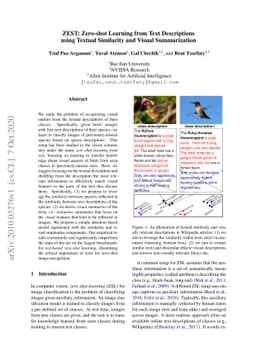 ZEST: Zero-shot Learning from Text Descriptions using Textual Similarity
  and Visual Summarization