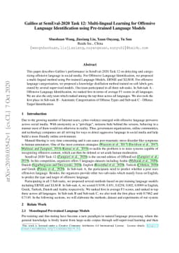 Galileo at SemEval-2020 Task 12: Multi-lingual Learning for Offensive
  Language Identification using Pre-trained Language Models