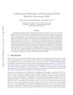 A Mathematical Exploration of Why Language Models Help Solve Downstream
  Tasks