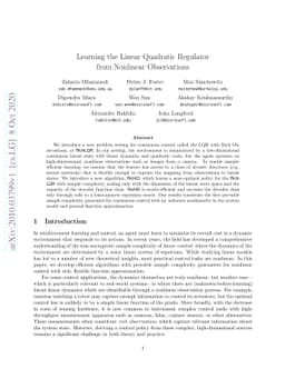 Learning the Linear Quadratic Regulator from Nonlinear Observations
