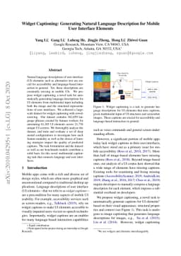 Widget Captioning: Generating Natural Language Description for Mobile
  User Interface Elements