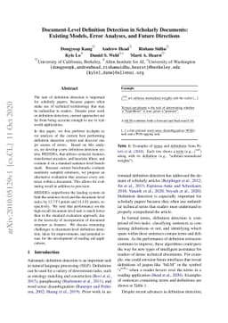 Document-Level Definition Detection in Scholarly Documents: Existing
  Models, Error Analyses, and Future Directions