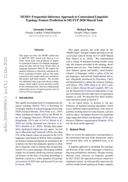 NEMO: Frequentist Inference Approach to Constrained Linguistic Typology
  Feature Prediction in SIGTYP 2020 Shared Task