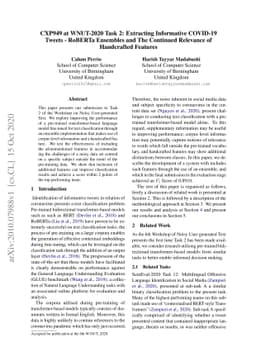 CXP949 at WNUT-2020 Task 2: Extracting Informative COVID-19 Tweets --
  RoBERTa Ensembles and The Continued Relevance of Handcrafted Features