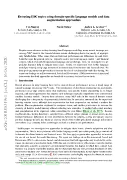Detecting ESG topics using domain-specific language models and data
  augmentation approaches