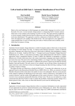 UoB at SemEval-2020 Task 1: Automatic Identification of Novel Word
  Senses