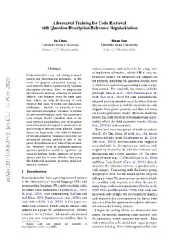 Adversarial Training for Code Retrieval with Question-Description
  Relevance Regularization