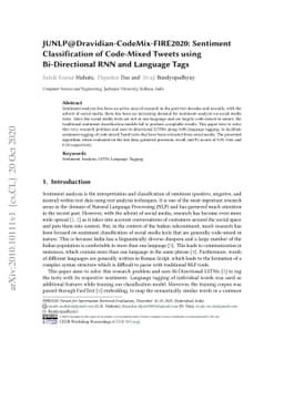 JUNLP@Dravidian-CodeMix-FIRE2020: Sentiment Classification of Code-Mixed
  Tweets using Bi-Directional RNN and Language Tags