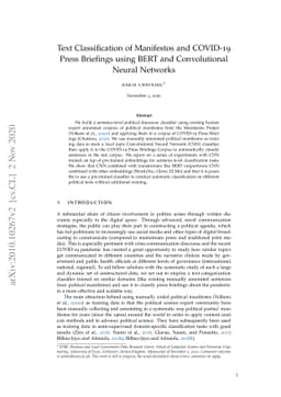 Text Classification of Manifestos and COVID-19 Press Briefings using
  BERT and Convolutional Neural Networks