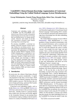 UmlsBERT: Clinical Domain Knowledge Augmentation of Contextual
  Embeddings Using the Unified Medical Language System Metathesaurus