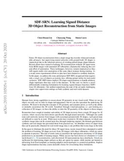 SDF-SRN: Learning Signed Distance 3D Object Reconstruction from Static
  Images