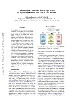 A Disentangled Adversarial Neural Topic Model for Separating Opinions
  from Plots in User Reviews