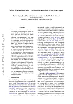 Multi-Style Transfer with Discriminative Feedback on Disjoint Corpus