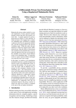 A Differentially Private Text Perturbation Method Using a Regularized
  Mahalanobis Metric