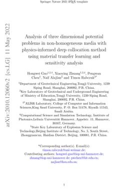 Analysis of three dimensional potential problems in non-homogeneous
  media with physics-informed deep collocation method using material transfer
  learning and sensitivity analysis